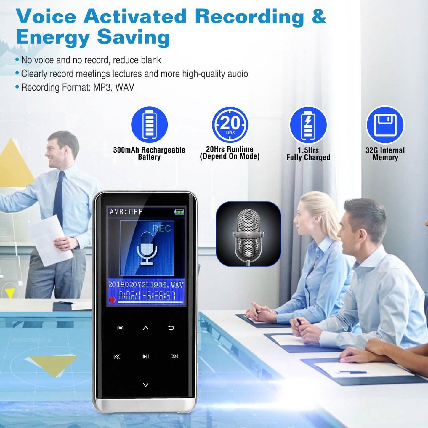 Wireless MP3 Player with Voice Recorder, 32GB Digital Music HiFi