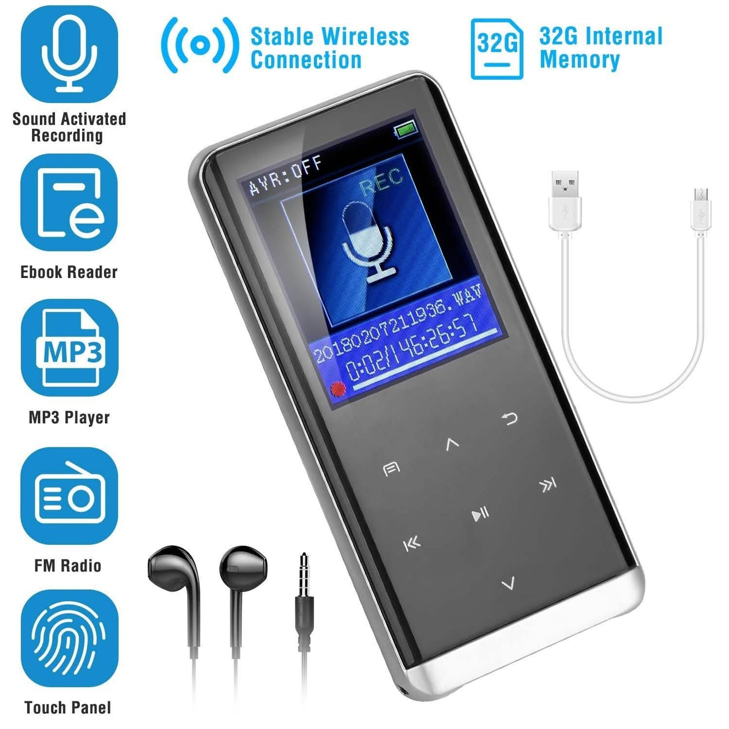 Wireless MP3 Player with Voice Recorder, 32GB Digital Music HiFi